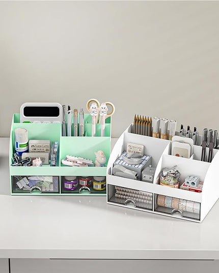 COMFYROOM Desk Organizer with 6 Compartments and 2 Drawers, Plastic Makeup Organizer, Pen Holder for Desktop Storage, Desk Organization for School, Home, Office Supplies (Mint Green)