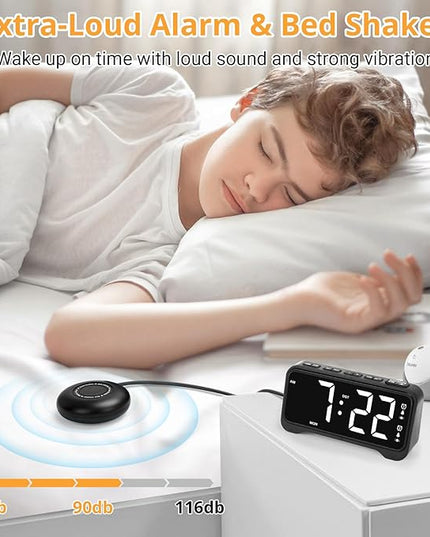Loud Vibrating Alarm Clock for Heavy Sleepers with Bed Shaker Under Pillow, Hearing Impaired/Deaf/Teens, Dual Alarms, Adjustable Date, Nightlight & Battery Backup, Large LED Digital Display, 12/24H