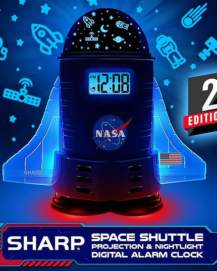 Sharp NASA Space Shuttle Night Light Alarm Clock – Wings and Booster Lights Up – Space Design Nightlight Fun with 4 Color Options and 2 Space Themes for Bedroom, Great Gift!