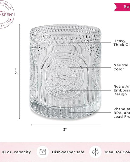 Ribbed Retro Arch Floral Clear Drinking Glasses Set of 6, (10 oz) Vintage Glassware Set by Kate Aspen| Cocktail Glass Set, Juice Glass, Water Cups | Great Hostess Gift & Gift for New Home Owners