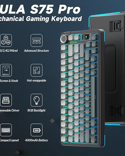 AULA S75 PRO Wireless Mechanical Keyboard with Screen&Knob, Tri-Mode Hot Swappable Gaming Keyboard 75%, Pre-lubed Switches, RGB Backlit, Side Printed PBT Keycaps, Creamy Sounding Computer Keyboards