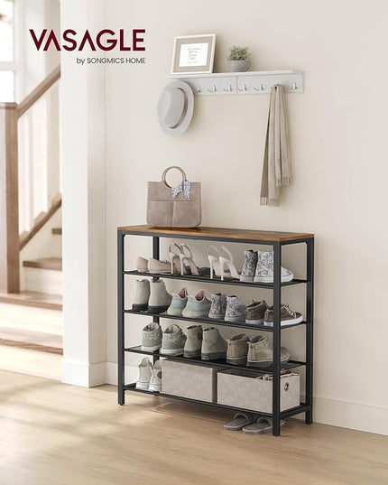 VASAGLE Shoe Rack, 5-Tier Shoe Storage Organizer with 4 Metal Mesh Shelves for 16-20 Pairs and Large Surface for Bags, for Entryway, Hallway, Closet, Industrial, Rustic Brown and Black ULBS15BX