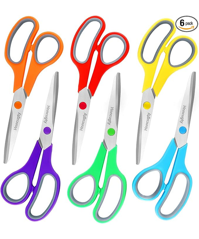 Scissors, Hnncugty 8" Scissors All Purpose Bulk Set of 6-Pack, Sharp Shears for Office Home Craft Sewing Fabric, High/Middle School Supplies Student Teacher Supplies, Comfort Grip Right/Left Handed
