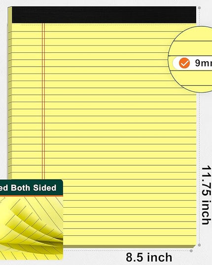 Legal Pads 8.5 x 11 Yellow Writing Pads Wide Ruled Note Pads 8.5 x 11 Lined Double-Sided Notepad for Home, School, Office Use, 80gsm Perforated Paper, Sturdy Cardboard Backing, 6 Pack (30 Sheets/Pad)