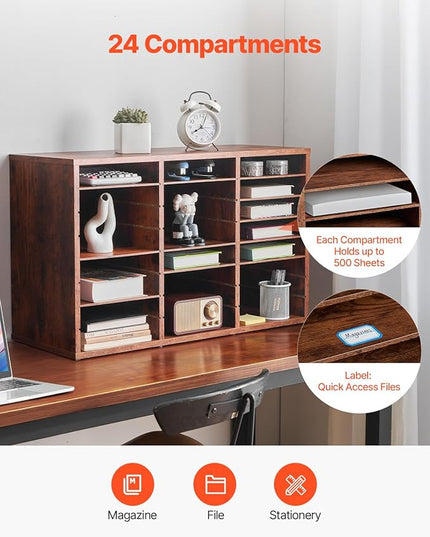 VEVOR Literature Organizer, 24 Compartments Office Mailbox with Removable Shelves, Wooden Mailbox Sorter Particle Board Office Home Classroom Storage, File Sorter for Documents, Papers, Retro Brown