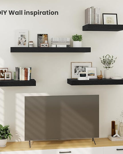 Heimlove 24 x 12 Inch Deep Floating Shelves Wall Mounted with Invisible Brackets,Storage Hanging Shelf for Wall Decor in Bathroom, Bedroom, Toilet, Kitchen, Living Room, Office Set of 2 (Black)