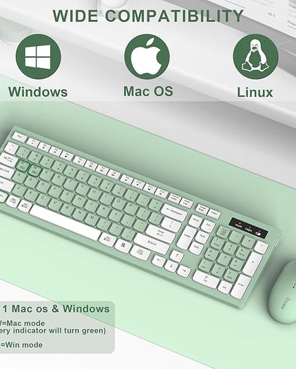 Wireless Keyboard and Mouse Combo, Full-Sized Wireless Keyboard and Adjustable DPI Mouse, 2.4GHz USB Receiver, Silent Keyboard and Mouse for PC, Windows, MAC, Desktop, Laptop (Avocado Green)
