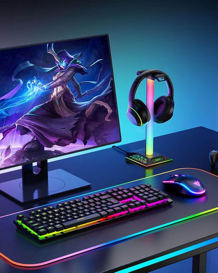 RGB Gaming Headset Stand, LED Headset Holder with 3 Charging Ports (2 USB & 1 Type-C) & 10 Lighting Modes, Headphone Stand Cool Stuff for Boys, Desk PC Gaming Accessories Gifts for Gamers Men Adult