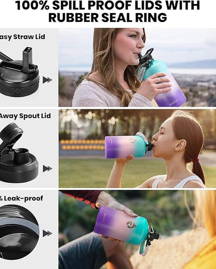 One Gallon Water Bottle Insulated, Triple Walled Vacuum Stainless Steel (Cold for 48 Hrs), Leak Proof & Non-BPA, Large Water Flask Jug with Paracord Handle & Straw Spout Lids