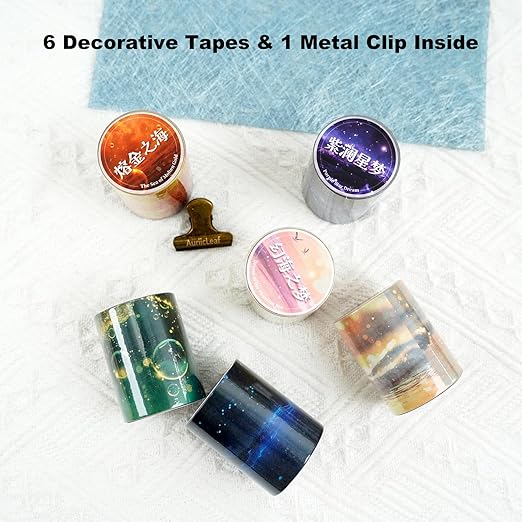 AuriicLeaf Ocean Fantasy Washi Tape Set – 6 Rolls with Dreamy Sunset, Wave and Bubble Patterns for Scrapbook, Journal, DIY Cards, with Mini Clip