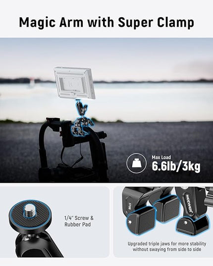 NEEWER Super Clamp with 3" Dual Ballhead Magic Arm, Camera Phone Clamp Mount with 1/4" 3/8" Threads, Cold Shoe, Phone Holder, Action Camera Adapter Compatible with GoPro DJI iPhone 16 15 Pro Max, ST88