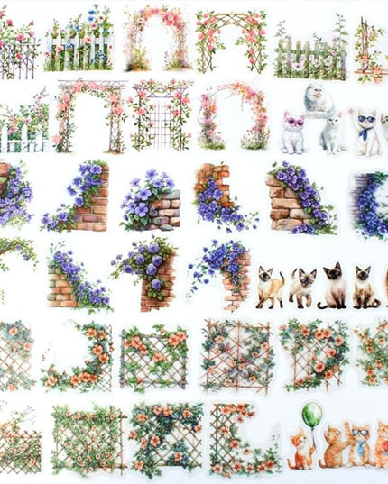 Dwpetzo 90Pcs Unique Transparent PET Stickers for Journaling, Garden Fence with Cat Landscape Stickers for Scrapbooking, Junk Journal Supplies, Collage, Planner