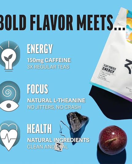 Zest Energy Tea Bags – Blue Lady Passion Fruit Black Tea – High Caffeine Tea for Morning Energy, Focus & Clarity – Natural Caffeinated Tea with 150mg Caffeine – 20Ct Pack – Non-GMO & Keto Friendly