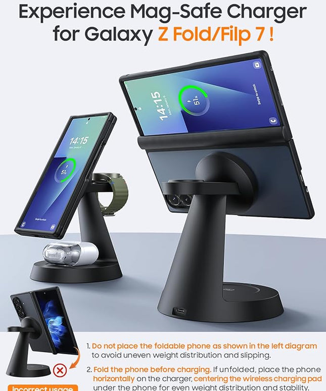 Magnetic Wireless Charger for Samsung, 3 in 1 Charging Station Compatible with MagSafe Samsung Charger for Galaxy S25 Ultra S24 Z Fold7/Flip7, Watch Charger Stand for Galaxy Watch Ultra 8 7, for Buds