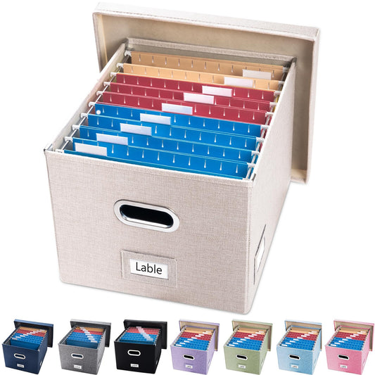 PRANDOM File Organizer Box - Set of 1 Collapsible Decorative Linen Filing Storage Hanging File Folders with Lids Office Cabinet Letter/Legal Size Light Grey (17x14x11.2 inch)