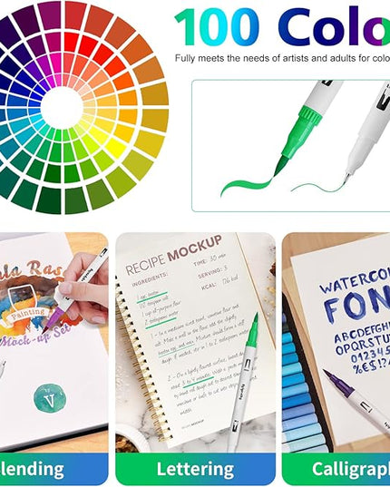 Markers for Adult Coloring, 100 colors Dual Brush Pens Art Coloring Pens with Fine Tip and Brush Tip for Adult Kids Drawing Lettering Calligraphy (White Set)