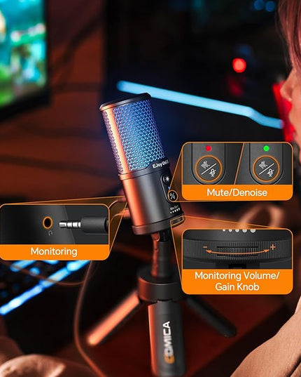 COMICA EJoy UNI S Gaming USB Microphone for PC, RGB Condenser Mic with Noise Reduction, Tripod Stand, Streaming Microphone for Gaming, Streaming, Podcasting, Recording, Laptop, PS4, PS5 (Black