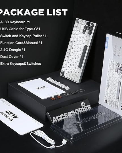 YUNZII AL80 Wireless Mechanical Keyboard,Full Aluminum CNC, Smart LCD Display,Hot Swappable Gasket Mount 75% Layout with Knob,BT/2.4G/USB-C,QMK/VIA Support for Win/Mac (Silver, Cocoa Cream V2 Switch)