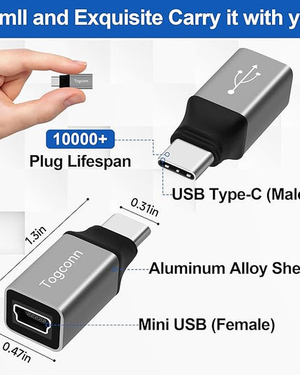 Mini USB to USB C Adapter 2 Pack, Mini USB (Female) to USB Type-C (Male) Converter Connector,Support Charging & Data Transfer Compatible with Samsung Galaxy S10/S9, Note 9/8 and More USB Type-C device