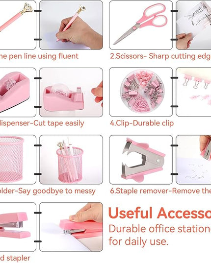 Pink Desk Accessories, Pink Office Supplies Set with Stapler, Tape Dispenser, Staple Remover, Pen Holder, Scissor, Binder/Paper Clips, Ballpoint Pen, Clear Tape and 1000pcs Staples