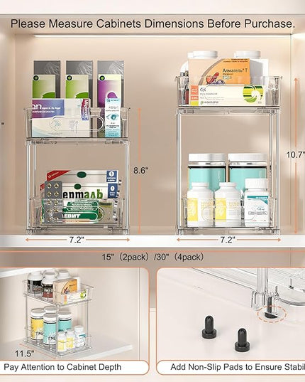 Delamu 2 Tier Snap-Lock Bathroom Under Sink Organizers and Storage, Multi-Purpose Cabinet Drawers with Movable Dividers, Pull Out Organization for Countertop, Kitchen and Pantry(Clear, 4 Pack)