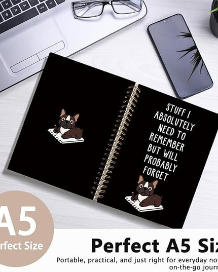 LIANGW Funny French Bulldog Notebook Journal Gifts for Women & Men, Frenchie Gifts for Women, for Coworkers, Black Hardcover Spiral Notebook 5.5x8.3 Inch
