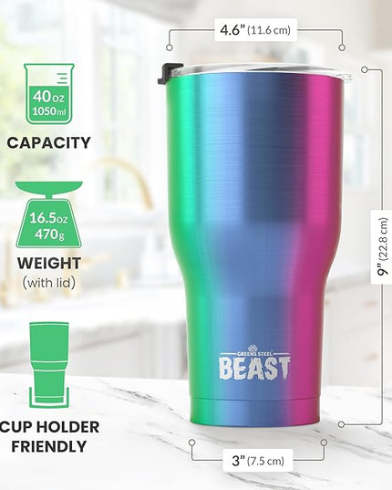 Beast 40 oz Tumbler Stainless Steel Vacuum Insulated Coffee Ice Cup Double Wall Travel Flask (Rainbow)