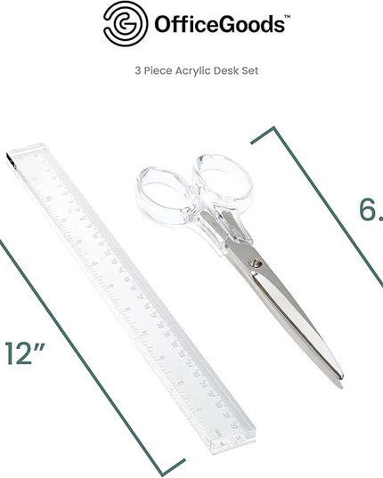 OfficeGoods 3 Piece Acrylic Desk Set - Includes Ruler, Staple Remover, Scissors - Functional & Elegant Desk Accessories - Stationary Tools for Home, Office, and School - Silver
