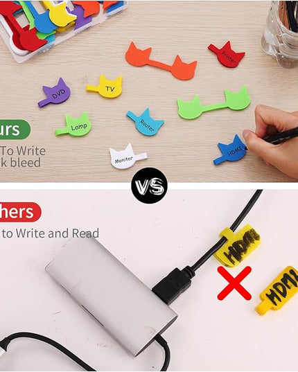 Trilancer Cord Labels Cable Label, Multicolored Handwriting Cord Tags - Kitty Head Shape Tags for Organizing Wires and Identification, Reusable with Multiple Uses - 32 PCS