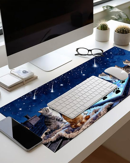 XL Mouse Pad Gaming Mousepad 31.5 x 11.8 Inch Large Keyboard Desktop Mat Diatomite Mouse Pad for Home and Office Desk Accessories with Rooftop Starry Sky Cat Artwork