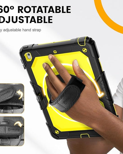 Timecity Case for iPad 9th/ 8th/ 7th Generation 10.2 inch - Heavy Duty Protective Cover with Screen Protector, Rotating Stand, Shoulder Strap & Pencil Holder | Kids-Friendly (Yellow)