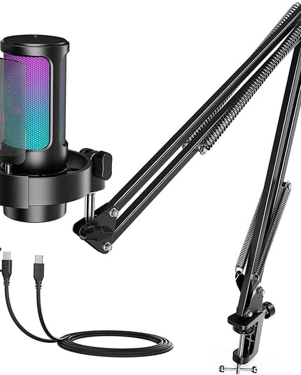 FIFINE USB Gaming Microphone Kit, PC Streaming Mic with RGB Lights, Mute, Gain Knob, Metal Boom Arm for Recording Podcast, Condenser Computer Microphone Set Compatible with PS4/PS5-AmpliGame A8T