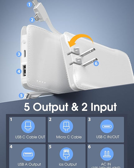 TG90° Portable Charger Power Bank with Built-in AC Wall Plug and Cables, 10000mAh USB C External Battery Charger Compatible with iPhone and Android Phones