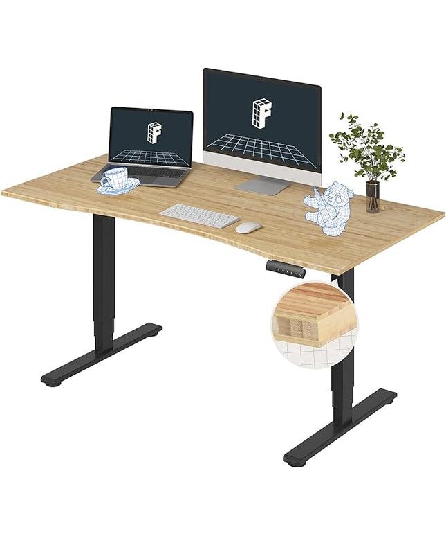 FlexiSpot E6 Bamboo 3-Stage Dual Motor 60 x 30 Electric Standing Desk Sit Stand Up Desk, Holds 220 lbs, Adjustable Height w/ Memory Presets, Solid Bamboo Curved Desktop & Black Frame, Ships in 2 Boxes