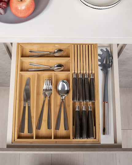 Bamboo-Silverware-Drawer-Organizer-Kitchen, Expandable Utensil Holder Cutlery Tray Flatware Organization Adjustable Wood Tableware Dividers Storage (with Removable Knife Block)(Natural)