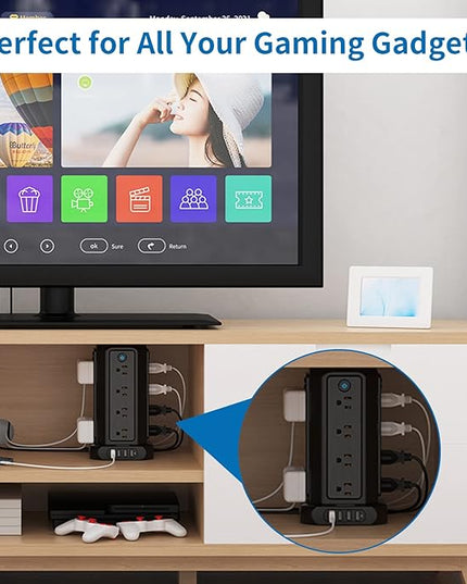 Surge Protector Power Strip Tower with USB Ports, 15 FT Extension Cord Tower with 16 Widely Spaced Outlets 4 USB Ports, 1080 Joules, Overload Protection, Flat Plug Power Strip for Home, Office, Black
