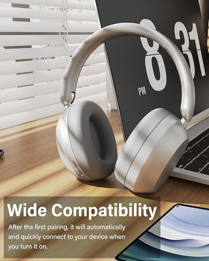 Wentronic Y05 Bluetooth Headphones Wireless Over Ear Noise Cancelling with Microphone 48 Hours Playtime, High Sound Quality Foldable Soft Earpads Headphones for Travel-Silver