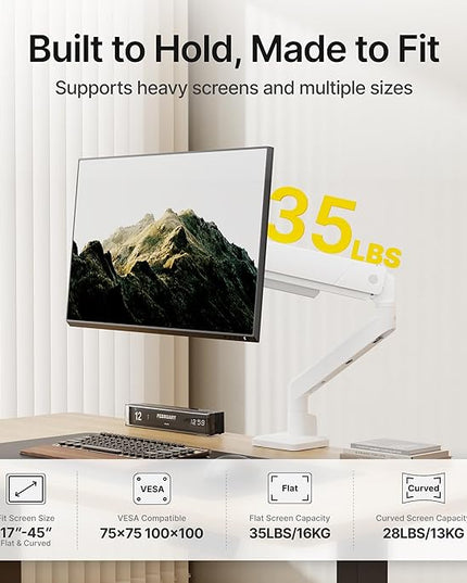 monTEK Single Monitor Arm for Max 45 Inch Ultrawide Screens Adjustable Monitor Desk Mount Holds 35 Lbs Cable Management with C Clamp/Grommet Desk Mount, VESA 75/100mm, MA1007WH