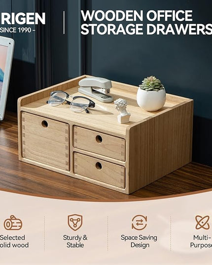 KIRIGEN Desk Organizer with 3 Drawers - Wood Drawer Storage Box with Trays for Tabletop - Workspace Office Toiletries Supplies Tool Caddy - Wooden Storage Cabinet Natural（DT1D3C-NA）