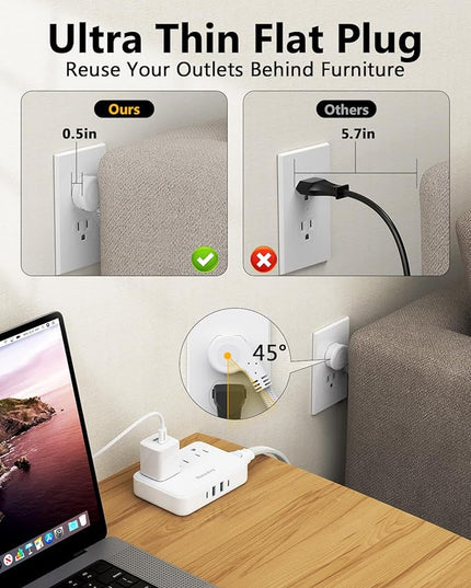 Innovative Power Strip, Cord Removable Design, Huntkey 3 Outlets Non Surge for Cruise, Travel Power Strip with 4 USB Ports (2 USB-C, 2 USB-A), ETL Listed, Customize Cord Length