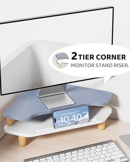 Monitor Stand Riser,2 Tier Corner Wood Monitor Stand Sturdy Computer Stand Multi-Purpose Desktop Storage Stand for Laptop,PC,iMac,Printer,Computer,Blue