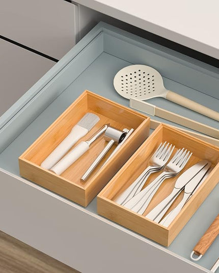 Silverware Tray for Drawer, Stackable Kitchen Bamboo Drawer Organizer 9" x 6" x 2" Set of 2