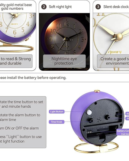 rjuwurv Metal Desk Alarm Clock, Retro Bedroom Table Vintage Analog Silent Non-Ticking Gold Alarm Clock, Bedside Decor(Violet Purple)