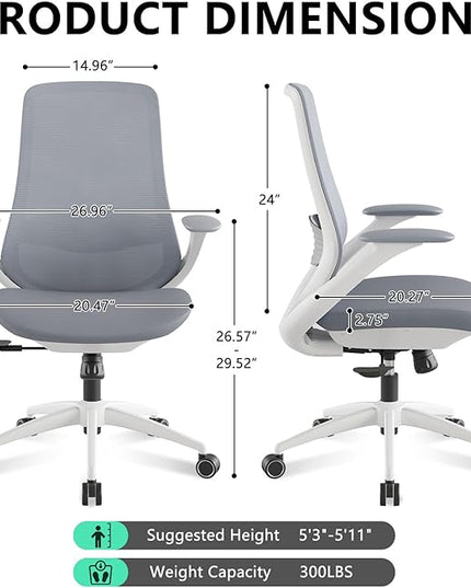 Ergonomic Office Chair, High Back Mesh Desk Chair with Lumbar Support, 360° Swivel & Slide-Adjustable Arms, Tilt Lock and Recline, Breathable Task Chair for Home Office & Gaming (Grey)