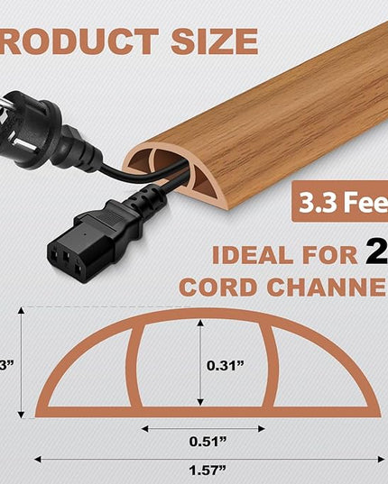Floor Cord Cover for Wires on Floor Self Adhesive Cord Hider Floor Cable Management Wire Covers for Cords Protector Prevent Cable Trips Cord Cavity W 0.51" x H 0.31", Brown Wood, 3.3Ft