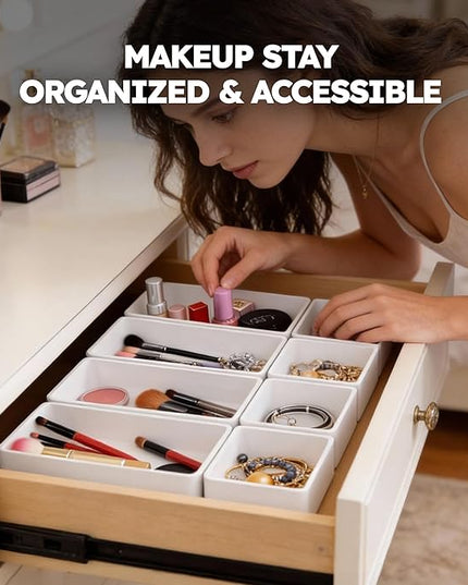 eazttouz 8 Pack Stackable Drawer Organizer Trays, Plastic Shallow Storage Bins for Bathroom Vanity, Desk Drawer, Kitchen, Makeup Organization, White (4M+4S)