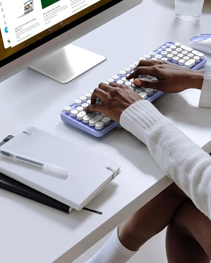 MOFII Wireless Keyboard and Mouse Combo, Computer Full Size 2.4G Plug and Play Wireless Typewriter Retro Round Keyboard and Mouse Set for Windows, Computer, Desktop, PC, Notebook - (Light Purple)