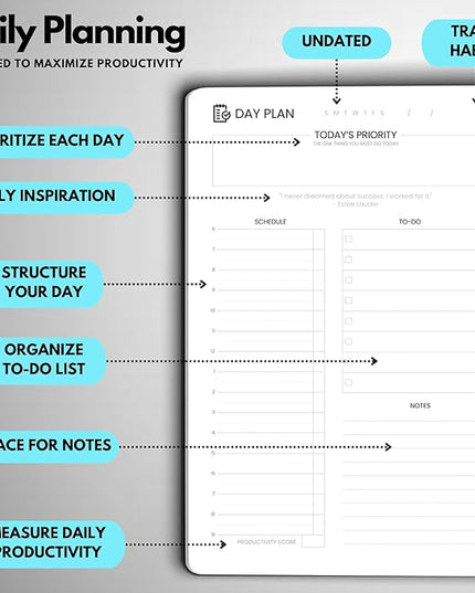 Undated Daily Planner – 6-Month A5 Productivity Organizer with Full Page Per Day, Hourly Schedule, Goal Setting, Habit Tracker, Weekly & Monthly Pages – Hardcover Time Management Notebook (Turquoise)