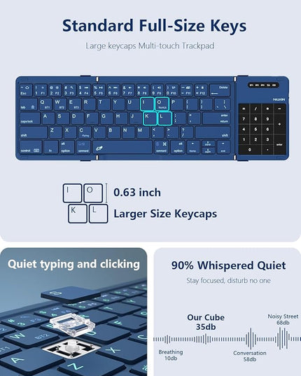 Nillkin Foldable Bluetooth Keyboard with Touchpad & Number Pad, Portable Bluetooth Keyboard with Full Size Keys, Pocket-Sized Wireless Travel Keyboards for iPad, Smartphone, Tablet and Laptop Blue
