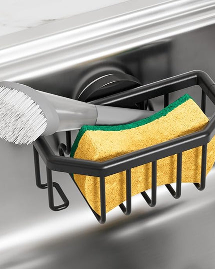 TAILI Sponge Holder for Kitchen Sink with Strong Suction Cup, Rustproof Aluminum Sink Caddy for Sponges, Brushes, Stoppers & Scrapers, Black